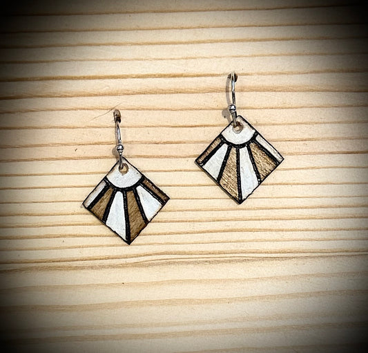 Mini Wooden Barn Quilt Dangle Earrings | Hand Burned & Painted | Green & White Collection
