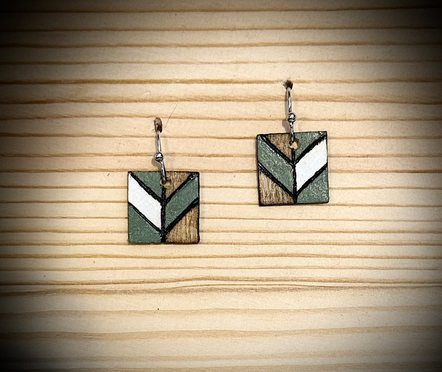 Mini Wooden Barn Quilt Dangle Earrings | Hand Burned & Painted | Green & White Collection