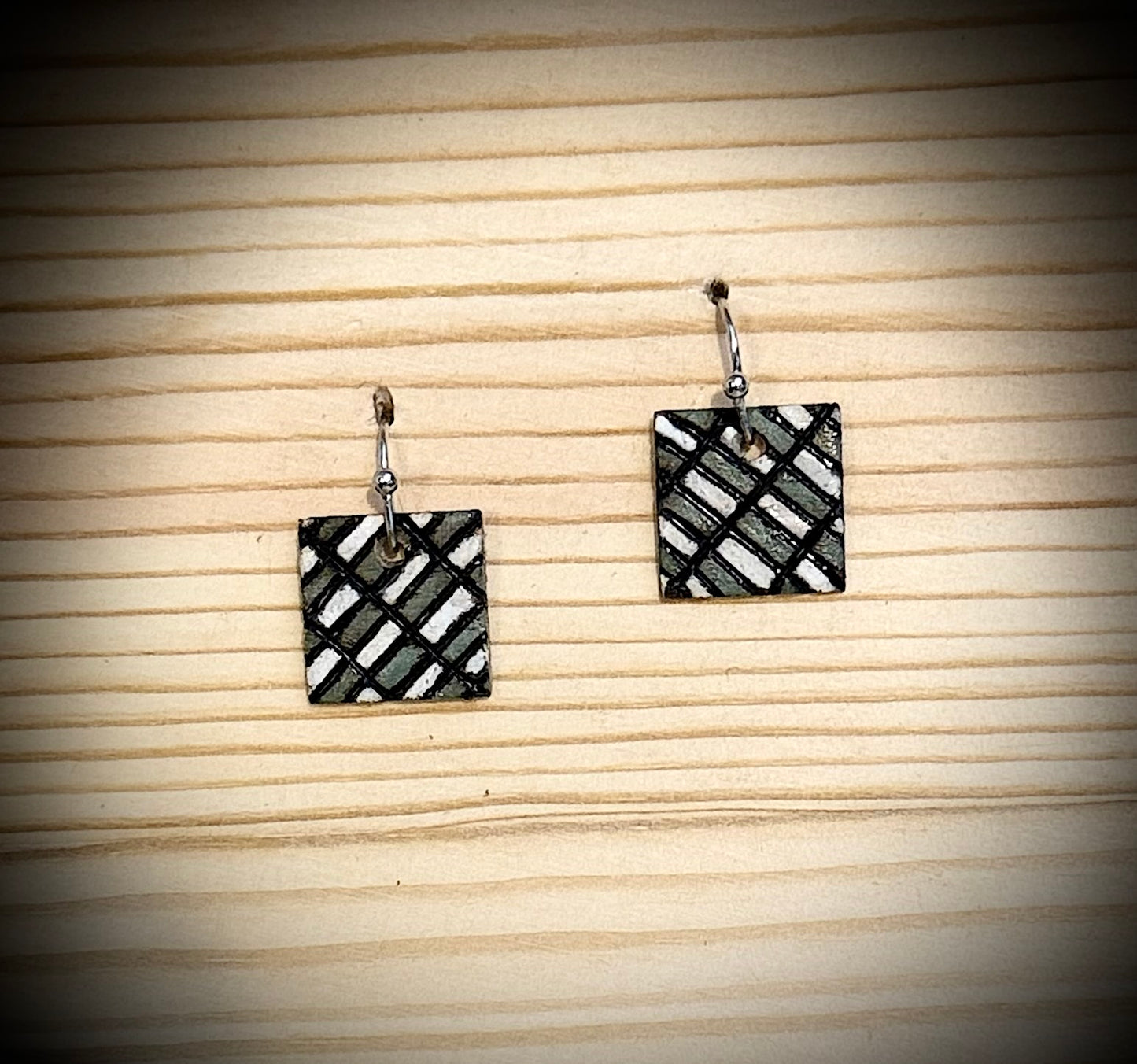 Mini Wooden Barn Quilt Dangle Earrings | Hand Burned & Painted | Green & White Collection