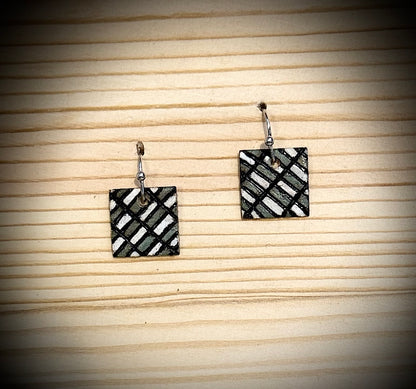 Mini Wooden Barn Quilt Dangle Earrings | Hand Burned & Painted | Green & White Collection