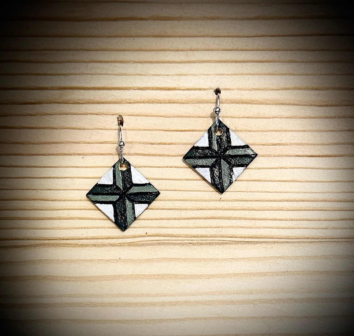 Mini Wooden Barn Quilt Dangle Earrings | Hand Burned & Painted | Green & White Collection