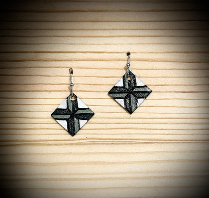 Mini Wooden Barn Quilt Dangle Earrings | Hand Burned & Painted | Green & White Collection