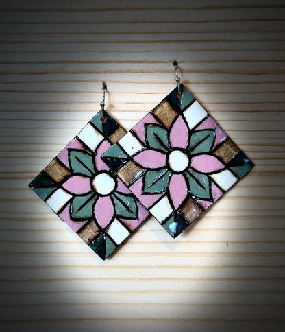 Wooden Barn Quilt Inspired Earrings | Large Square | Hand Burned & Painted