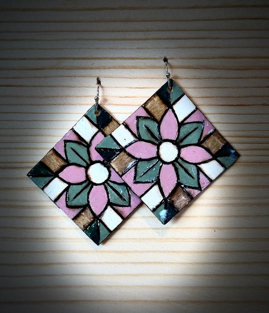 Wooden Barn Quilt Inspired Earrings | Large Square | Hand Burned & Painted