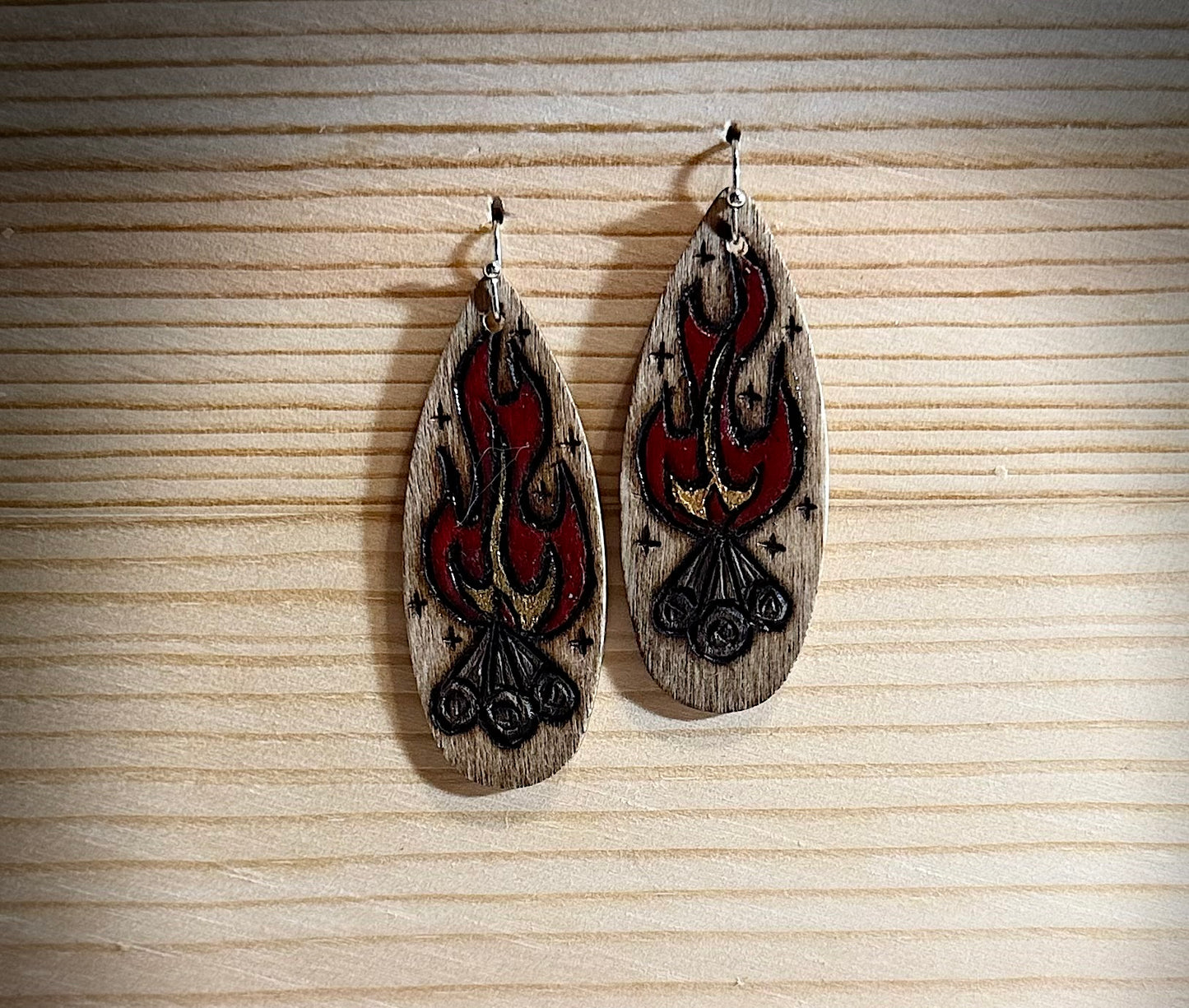 Wooden Teardrop Campfire Earrings | Hand Burned & Painted