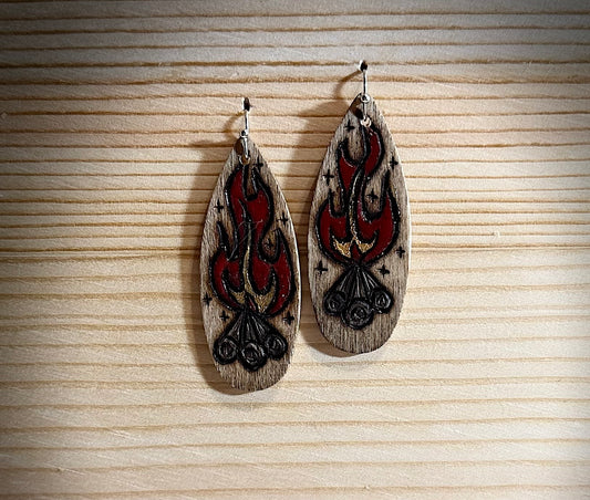 Wooden Teardrop Campfire Earrings | Hand Burned & Painted