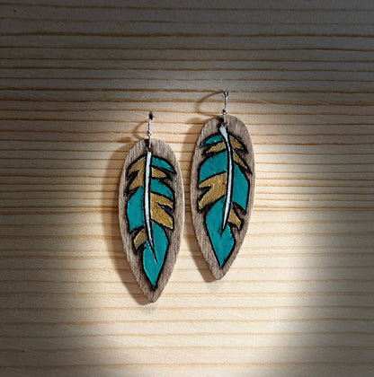 Hand-burned & painted wood feather earrings — Gold and Turquoise — Kindling Collection
