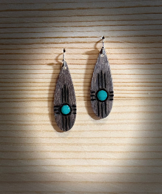 Hand-burned and Painted Native Aztec style earrings — teardrop — Kindling Collection