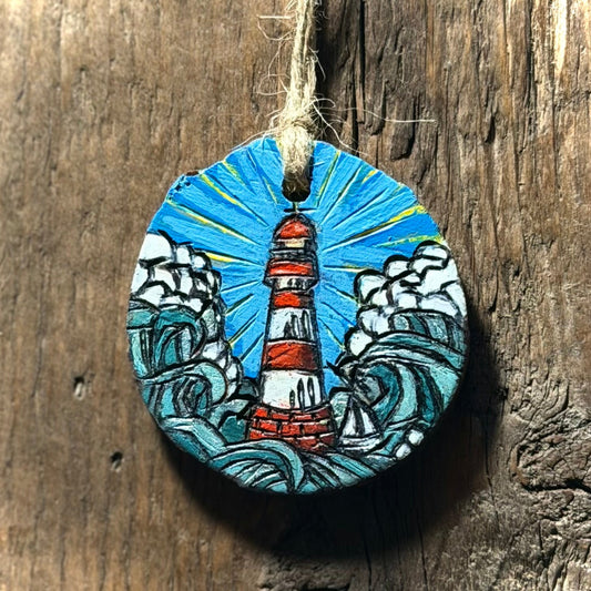 Lighthouse Waves Woodslice Ornament or Gift Tag | Hand Burned & Painted
